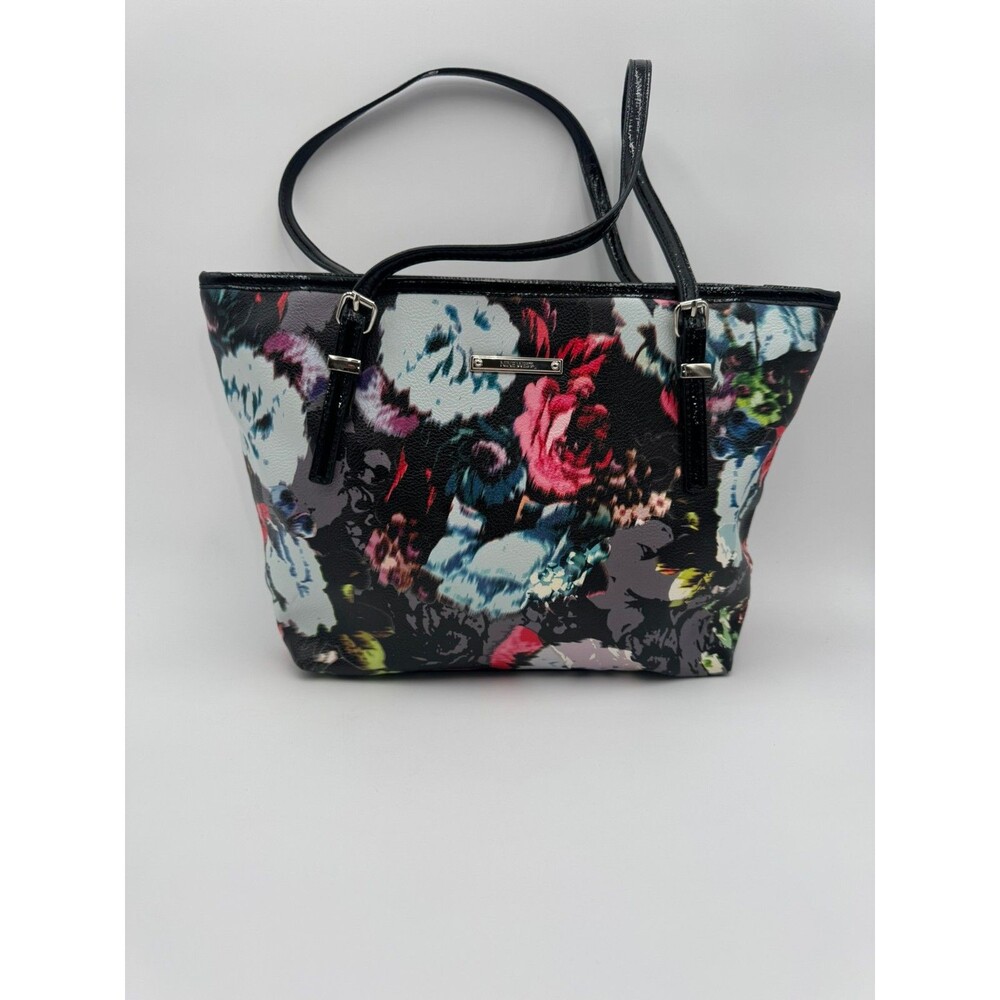 Nine West Floral Print Tote Bag Purse Shoulder Handbag Black Multi-Color